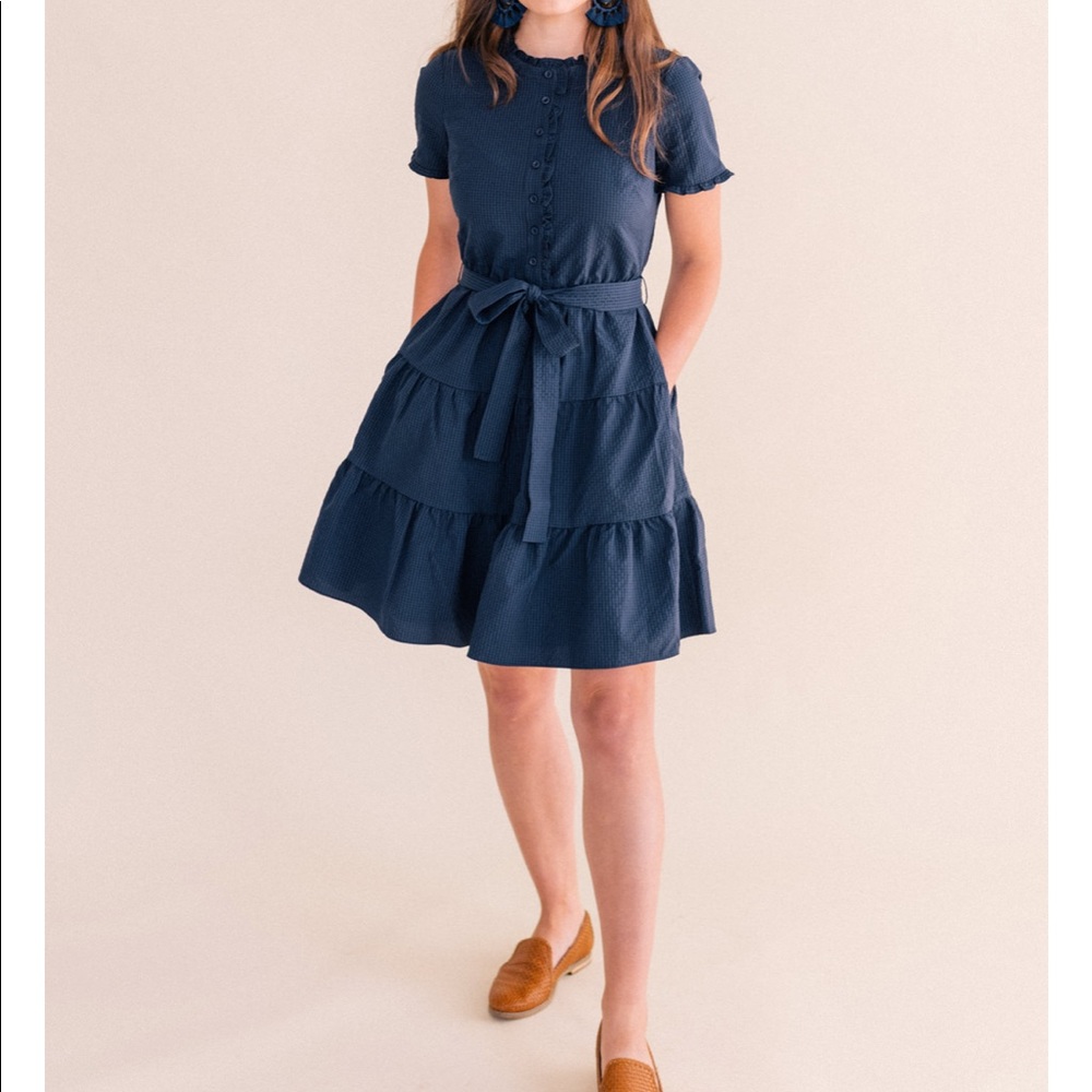Gal Meets Glam Navy Tiered Midi Dress with Belt - Picture 2 of 11